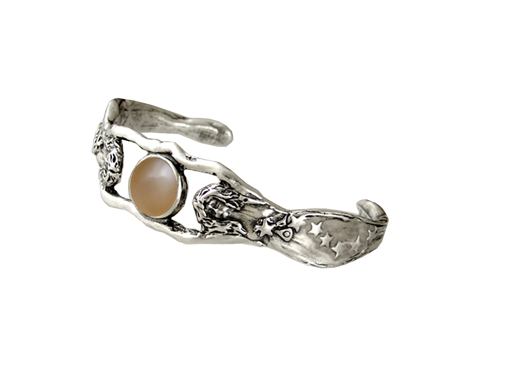 Sterling Silver Fairy Woman Maidens Handmade Cuff Bracelet With Peach Moonstone